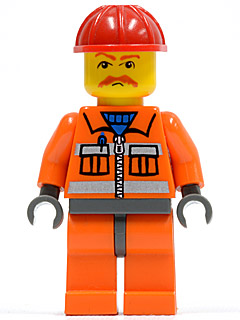 LEGO Minifigure-Construction Worker - Orange Zipper, Safety Stripes, Orange Arms, Orange Legs, Dark Bluish Gray Hips, Red Construction Helmet, Brown Moustache-Town / City / Construction-CTY124-Creative Brick Builders